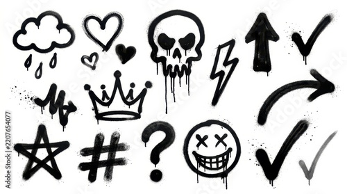 Collection of Black Spray Paint Graffiti Symbols and Icons Isolated on White Background for Urban Street Art Design