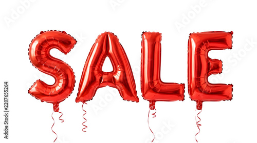 Red foil balloon letters spelling the word sale isolated on transparent background