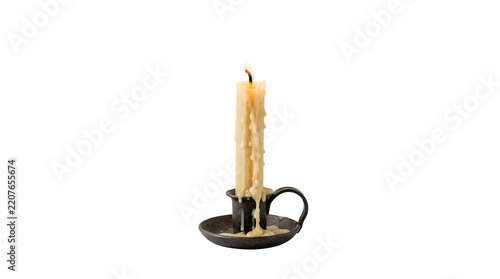A burning wax candle inside a vintage metal candle holder isolated on transparent background