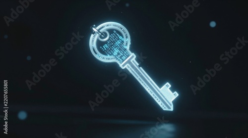 A glowing digital key symbolizes cybersecurity, data protection, and modern technology
