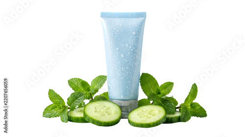 Blue cosmetic tube with fresh cucumber slices and mint leaves isolated on transparent background