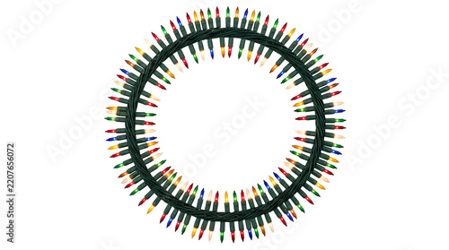 Circular arrangement of colorful christmas string lights isolated on transparent background