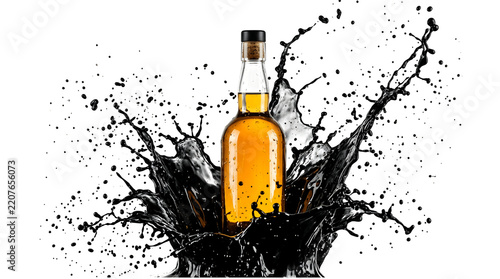 A bottle of golden whiskey with dynamic liquid splashes isolated on transparent background