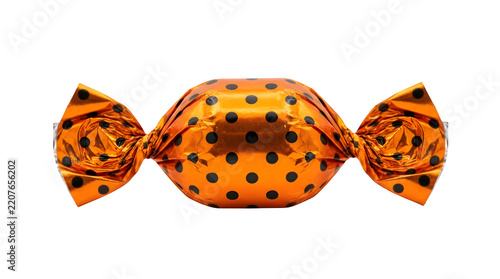 A single orange candy wrapped in shiny foil with black polka dots isolated on transparent background