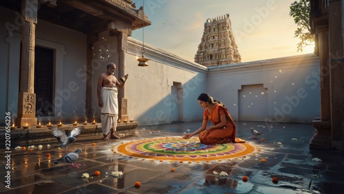 Devout man and woman creating a colorful rangoli pattern in temple