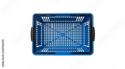 Top view of an empty blue plastic shopping basket isolated on transparent background