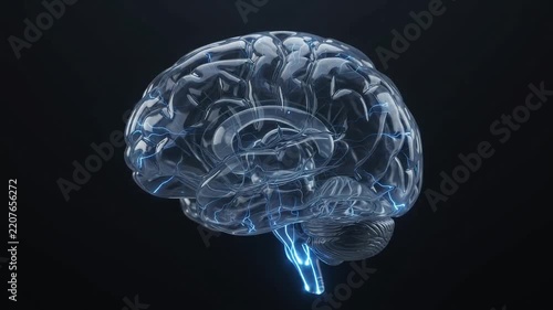 Holographic blue human brain model rotating in darkness