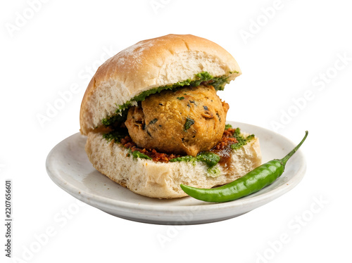 Delicious indian street food vada pav with green chili isolated on transparent background