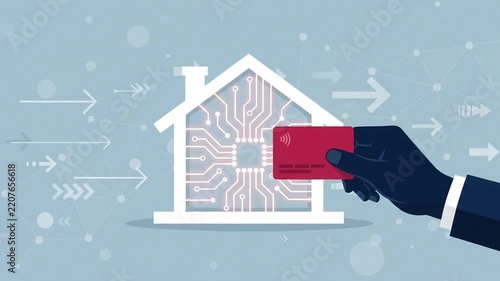 Hand holding contactless smart card near connected smart home icon