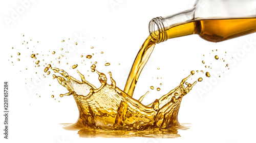 Golden vegetable oil pouring from a glass bottle creating a splash isolated on transparent background