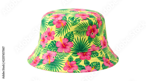 Yellow bucket hat with tropical hibiscus flower print isolated on transparent background