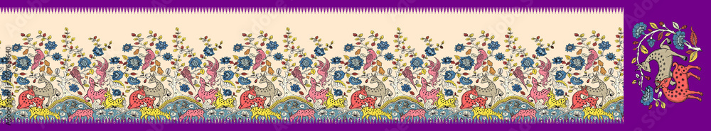 Obraz premium Traditional Indian Saree Design with Kalamkari Wildlife Motif, Forest Deer, and Floral Jaal Border