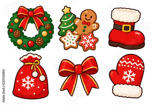 Christmas Holiday Icon Set with Wreath Gingerbread Cookie Santa Hat Gift and Mittens