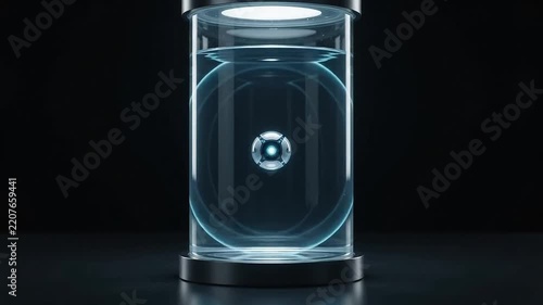 Futuristic cyber battery cell charging with glowing blue plasma energy