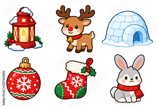 Christmas Winter Sticker Set with Reindeer Igloo Lantern Stocking Bunny and Ornament