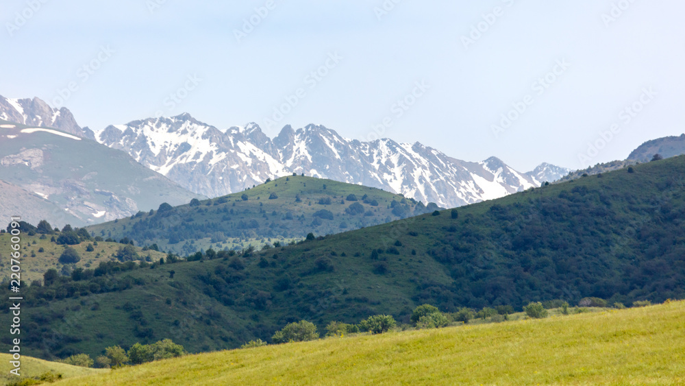 Obraz premium Snow-capped peaks rise behind rolling green hills