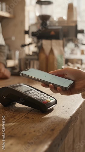 Customer making contactless smartphone payment at cafe counter with warm bokeh background lighting