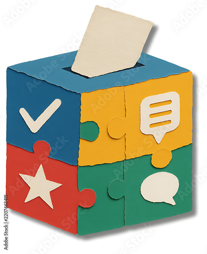 Colorful puzzle voting box with ballot paper for election campaign