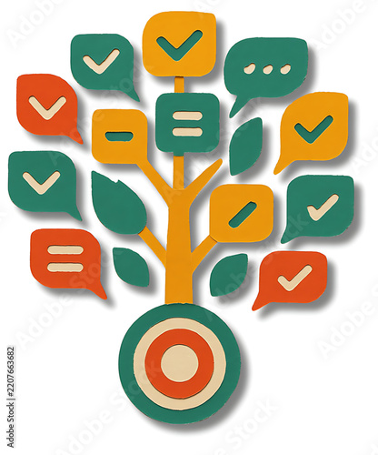 Communication icons growing from tree with checkmarks and speech