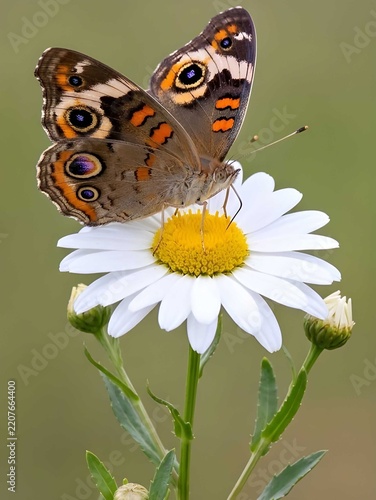 This crystal-clear macro photograph shows a Junonia almana (Eye Butterfly) butterfly perched gracefully on a white chrysanthemum. Its wings radiate a distinctive, eye-like pattern of contrasting shade