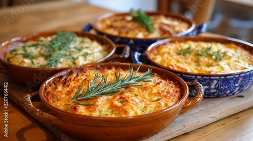 Several ceramic dishes hold golden cheese topped casserole, roasted potato cubes, stuffing, and a creamy vegetable dish, arranged together on a wooden dining table with parsley garnish