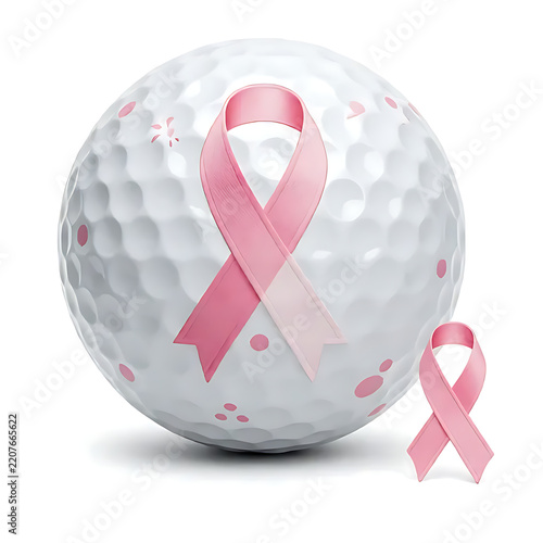 A single white golf ball decorated with a delicate breast cancer awareness ribbon