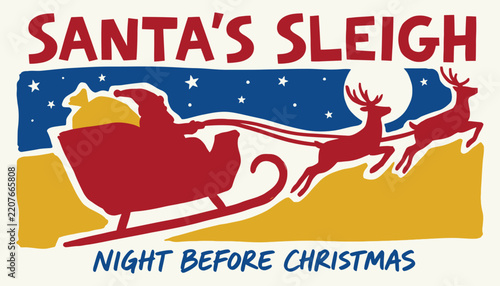 Santa Claus in sleigh with reindeer vintage graphic for holiday seasonal themes