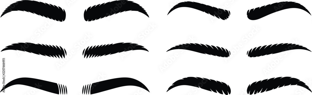 Fototapeta premium Eyebrow shape vector set featuring thick bushy arched curved and microbladed beauty makeup grooming silhouette styles