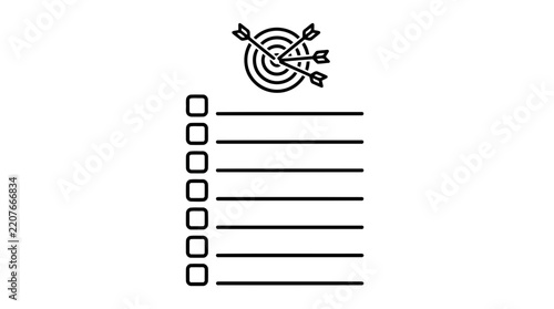 A minimalist black and white line art illustration showing a target with arrows and a blank checklist representing goal setting and task management concepts