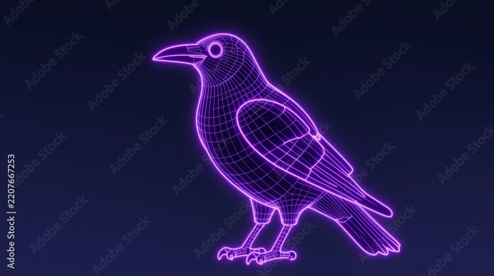 Fototapeta premium This stunning wireframe illustration features a bird in neon purple against a dark background, showcasing a blend of technology and nature in a captivating design.