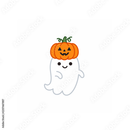 Little ghost wearing a jack o lantern pumpkin hat