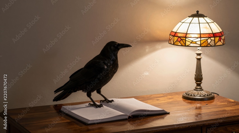 Fototapeta premium A striking dark raven stands on an open book, illuminated by a vintage lamp, creating a mysterious and elegant atmosphere in a cozy room setting.