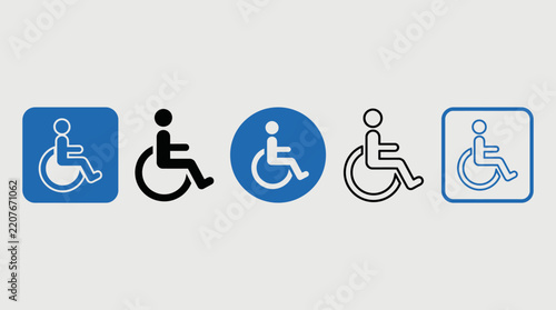 Universal wheelchair accessibility icon collection featuring disabled access symbols, inclusive mobility signage, blue monochrome vector design.