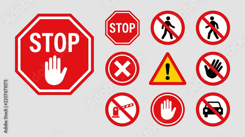 Professional traffic safety sign icon collection featuring stop, warning, prohibition, restriction symbols, red monochrome vector illustrations.