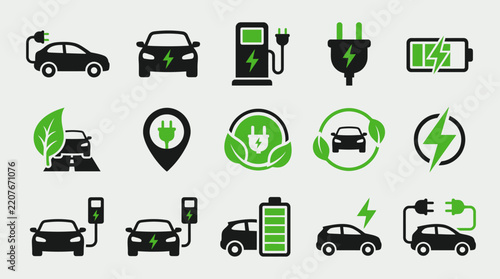 Modern electric mobility icon set featuring EV cars, charging stations, batteries, scooters, renewable energy, smart transportation, vector.