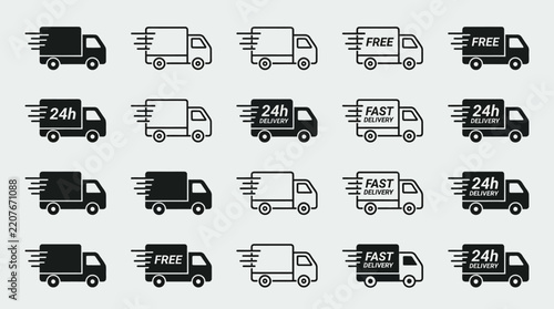 Minimalist black-and-white delivery truck icon collection, logistics service symbols, fast shipping badges, free delivery labels, uniform vector style.