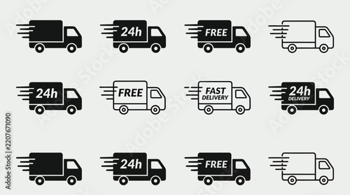Twelve delivery truck icons with motion lines, labeled 24h, FREE, FAST DELIVERY, symbolizing speed, logistics, shipping, and e‑commerce.
