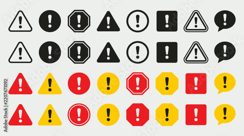 Collection of warning icons with exclamation marks inside circles, triangles, octagons, and diamonds, symbolizing alerts, hazards, and caution.