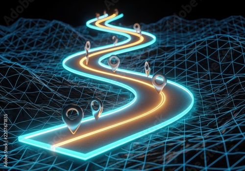 Futuristic Neon Road with Location Pins on a Digital Landscape.