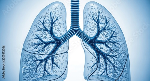 Anatomical illustration of healthy human lungs and trachea.