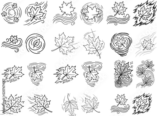 Autumn maple leaf and wind line art doodle icon set
