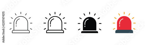 Emergency alarm siren warning flash light outline vector icon set
