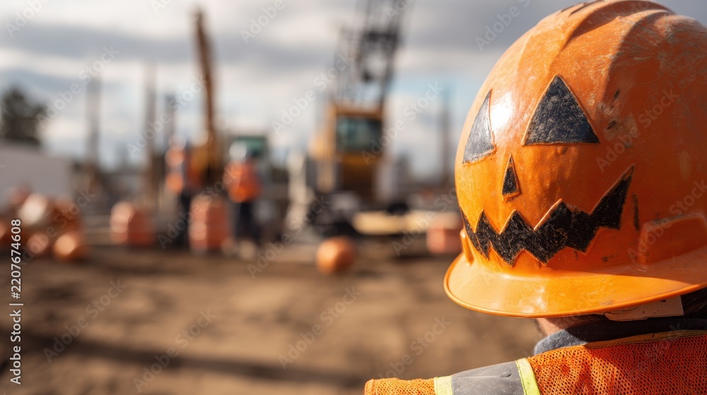 Obraz premium Bright Halloween themed construction site with workers wearing a pumpkin helmet during the day