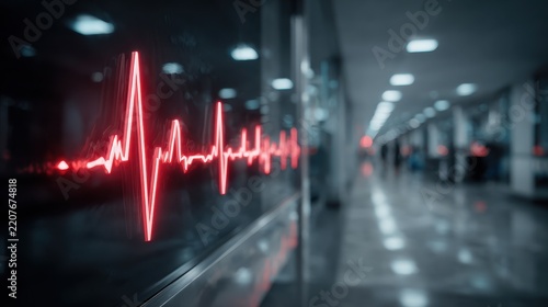 Heartbeat visualization in a hospital corridor shows healthcare technology in action