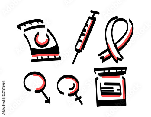 health theme illustration set and World AIDS Day. illustration of symbols or icons like ribbons, injections, condoms, medicine tubes, and gender. line art, hand-drawn or doodle style. red and black