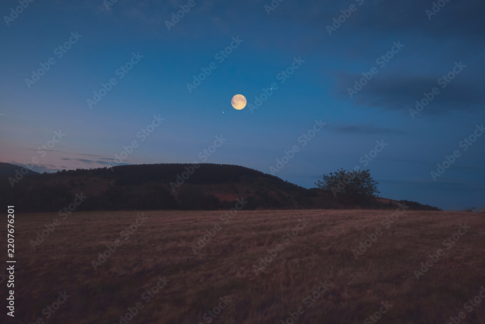 Fototapeta premium Full Moon, stars and planets above landscape silhouettes in blue hour time.