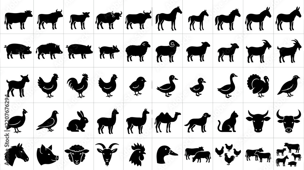 Obraz premium Modern Farm Animal Solid Silhouette Collection with Livestock, Poultry, Horses, Cattle, Sheep, Goats, Pigs and Rural Animals