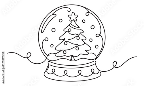 Continuous single line of a classic christmas snow globe featuring a decorated fir tree inside with falling snowflakes on a white background, for winter holiday season