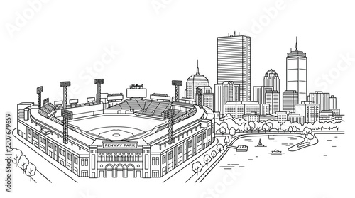 Detailed Boston skyline and Fenway Park stadium illustration.