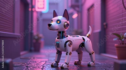 A futuristic robot dog stands in a neon-lit urban alleyway at night, combining technology with a playful design, showcasing a blend of innovation and charm.
